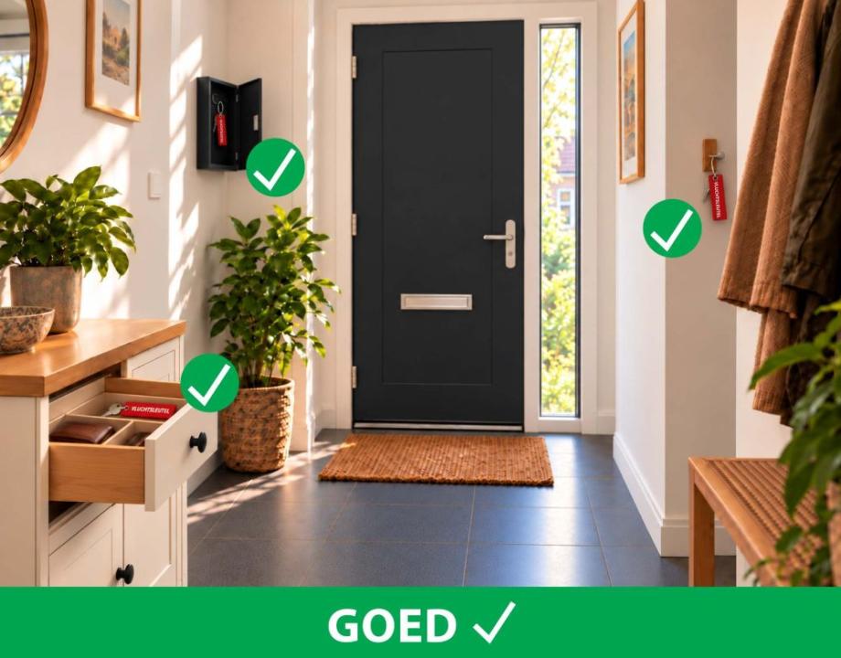 Een gang in een woning met vinkjes bij de belangrijke plekken in een gang voor een vluchtsleutel